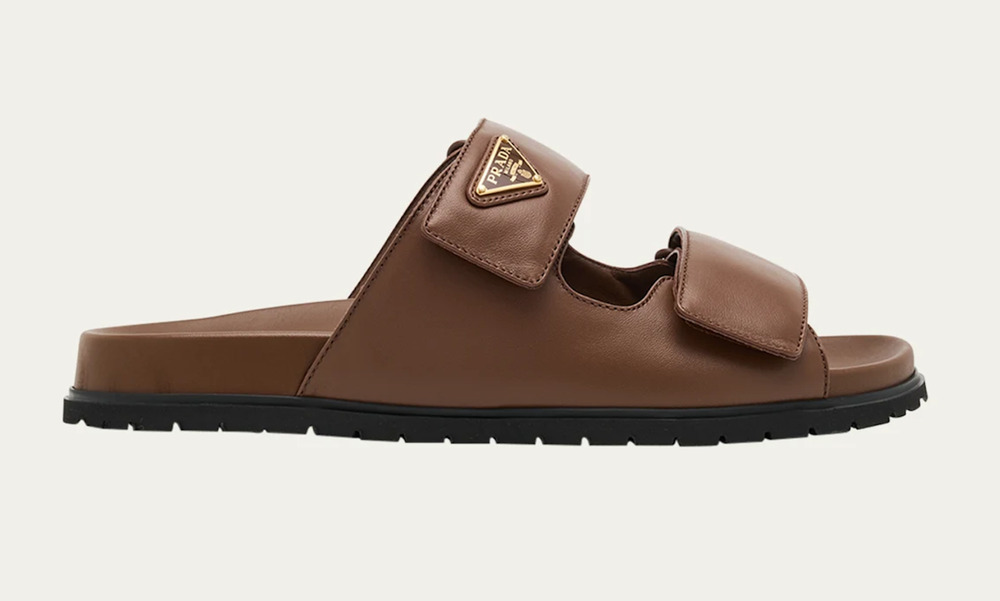Prada Cacao Brown Leather Double Grip Band Slide Strap Logo Flat Sandal 40.5
